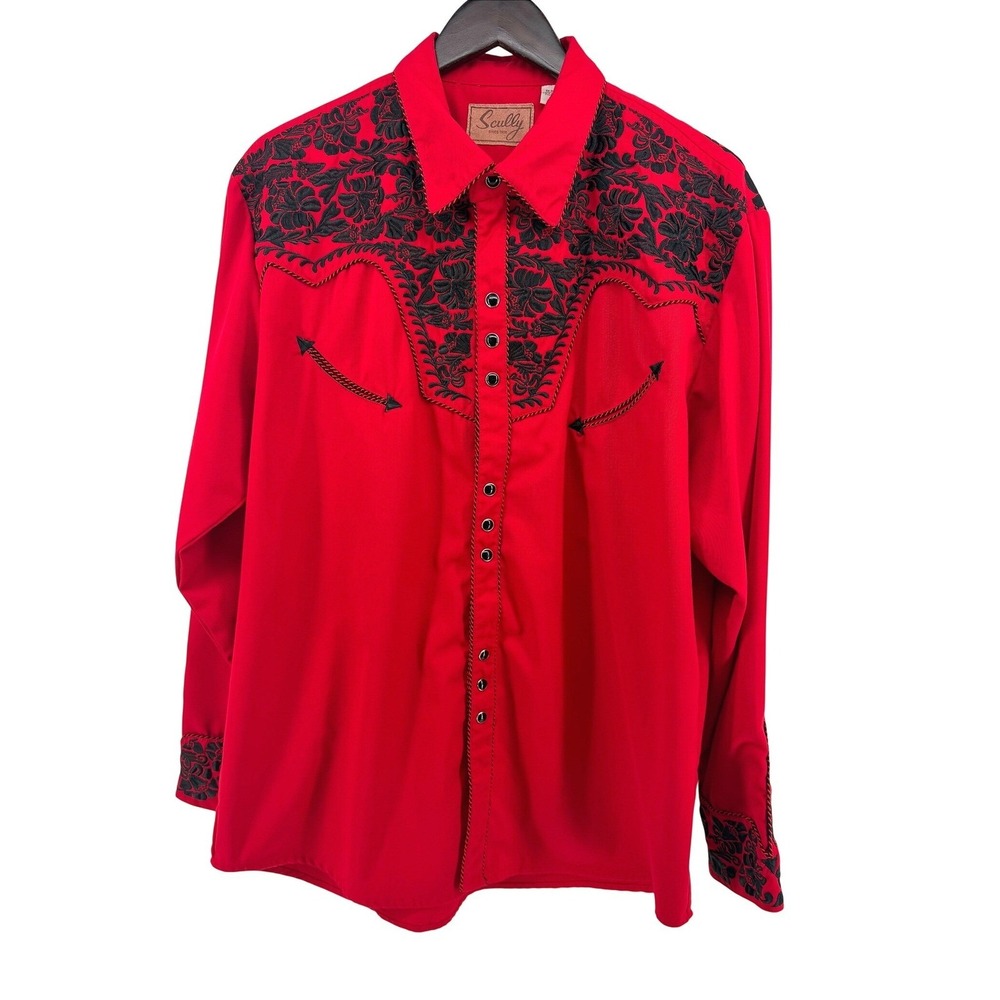 Vintage Scully‎ Mens Red Black Floral Embroidered Western Pearl Snap Shirt XL